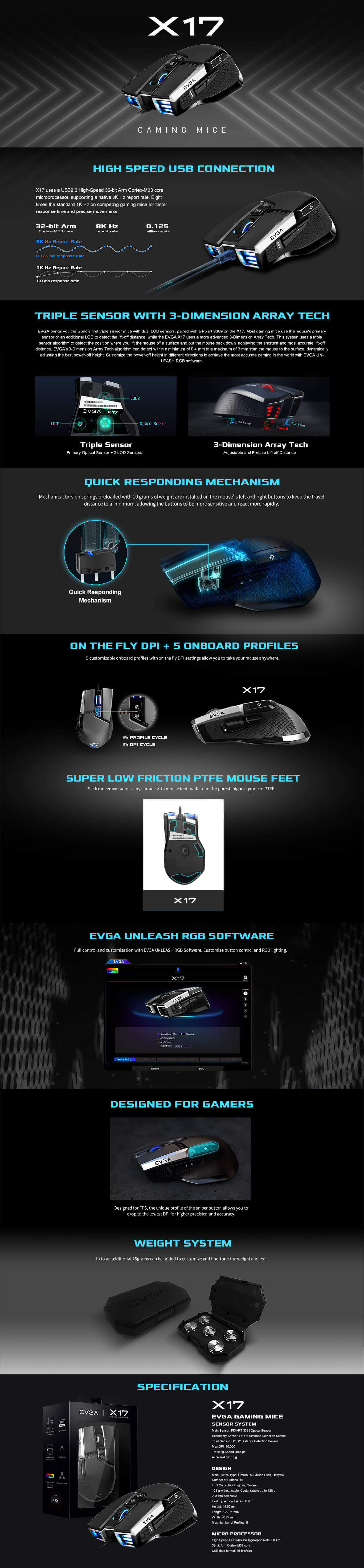 EVGA X17 Gaming Mouse - Wired - Black - Customizable - 16,000 DPI - 5 Profiles - 10 Buttons - Ergonomic