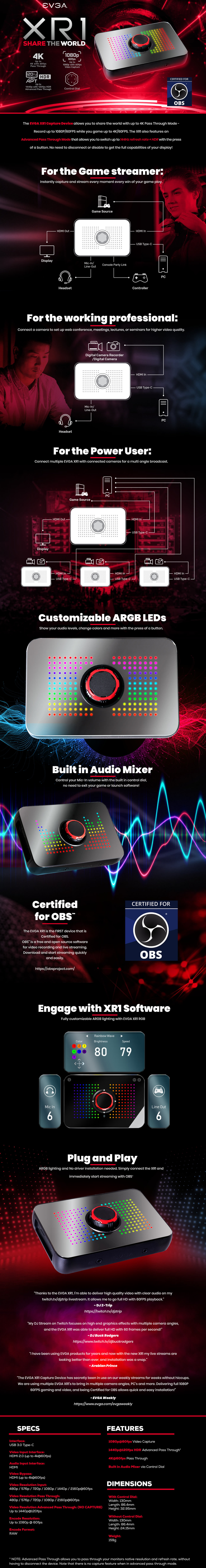 EVGA XR1 Capture Device - Certified for OBS - USB 3.0 - 4K Pass Through - ARGB - Audio Mixer