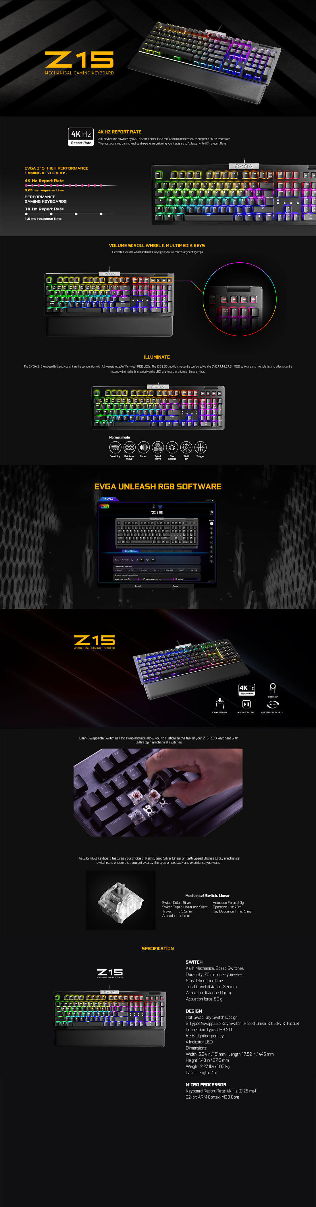 EVGA Z15 - RGB Gaming Keyboard - RGB Backlit LED - Hot Swappable Mechanical Switches