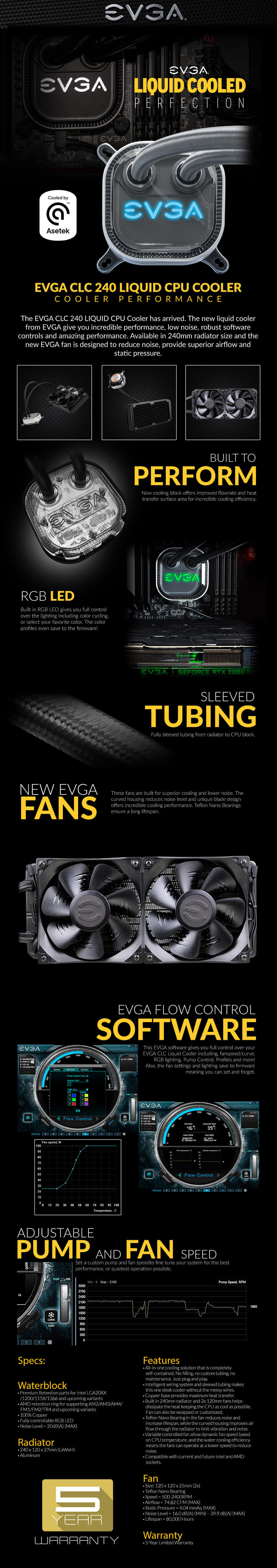 EVGA CLC 240mm All-In-One RGB LED CPU Liquid Cooler - 2x FX12 120mm PWM Fans