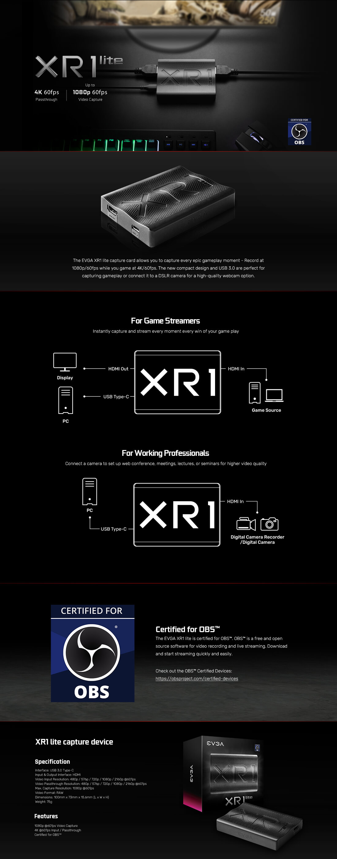 EVGA XR1 Lite Capture Card - Certified for OBS - USB 3.0 - 4K Pass Through
