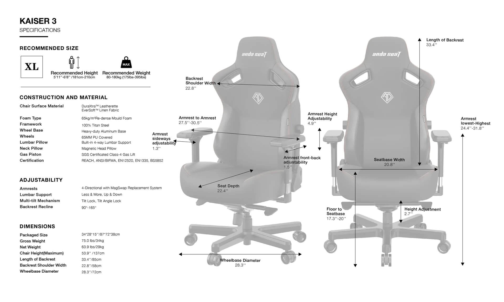 Andaseat Kaiser 3 Size XL Andaseat Kaiser 3 Elegant Black - Premium PVC Leather - Ultimate Ergonomic Gaming Chair