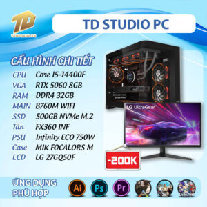TD STUDIO PC (i5-14400F, B760M, RTX 5060, 32GB DDR4, SSD 500GB, MÀN HÌNH LG 27GQ50F)
