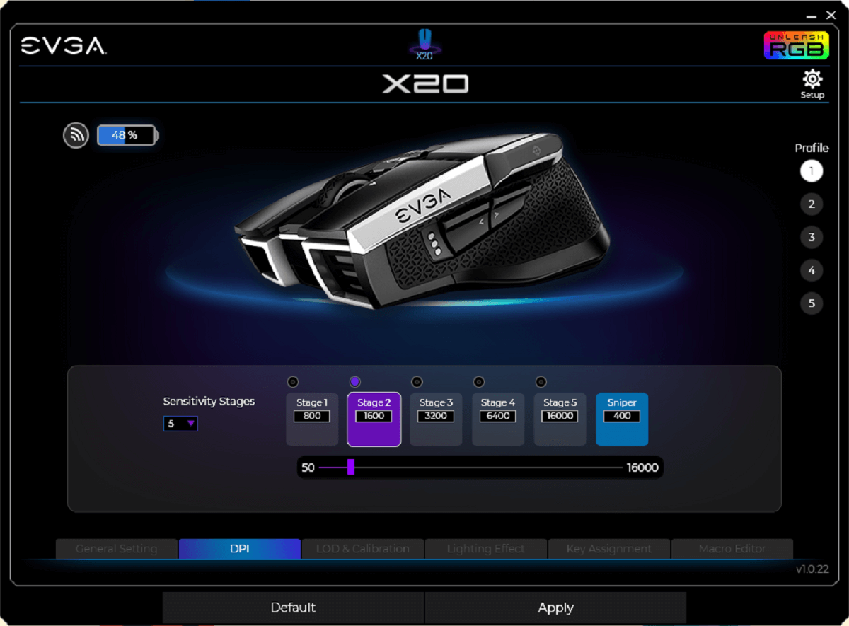EVGA X20 Gaming Mouse - Wireless - Black - Customizable - 16,000 DPI - 5 Profiles - 10 Buttons - Ergonomic