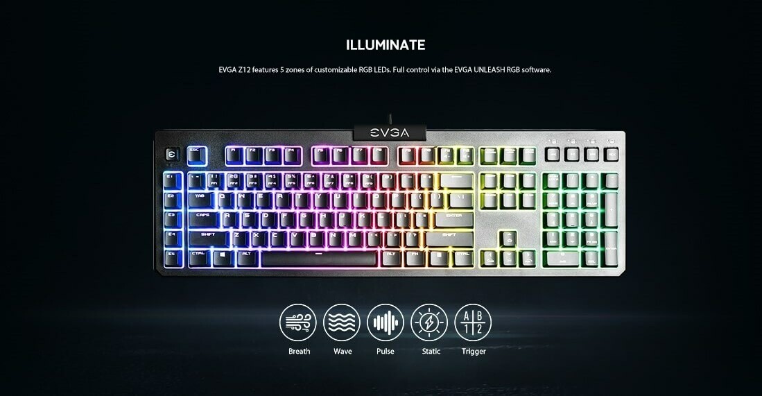 EVGA Z12 - RGB Gaming Keyboard - RGB Backlit LED - 5 Programmable Macro Keys - Dedicated Media Keys - Water Resistant