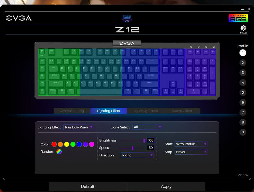 EVGA Z12 - RGB Gaming Keyboard - RGB Backlit LED - 5 Programmable Macro Keys - Dedicated Media Keys - Water Resistant