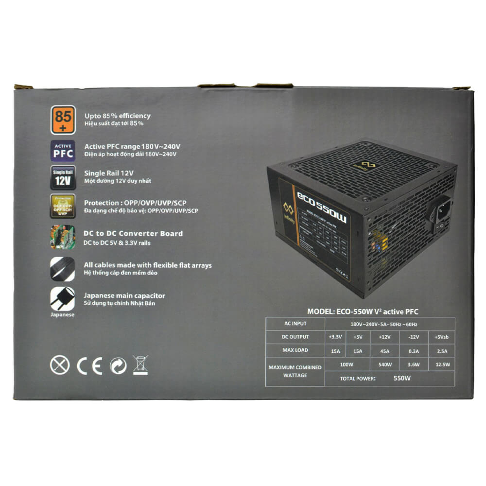 Infinity ECO 550W V2 H2 Infinity ECO 550W V2 – DC to DC – Hiệu suất 85% – Active PFC – Single Rail - Ảnh 2