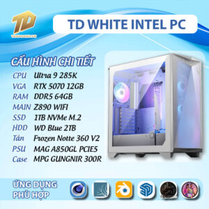 TD WHITE INTEL PC (Ultra 9 285K, RTX5070, Z890, 64GB DDR5, SSD 1TB, HDD 2TB)