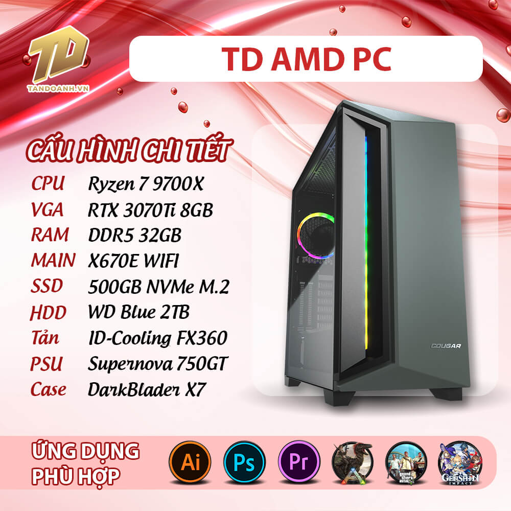 TD AMD PC 2025 R7 9700X TD AMD PC (R7-9700X, 3070TI, X670E, 32GB DDR5, SSD 500GB, HDD 2TB)