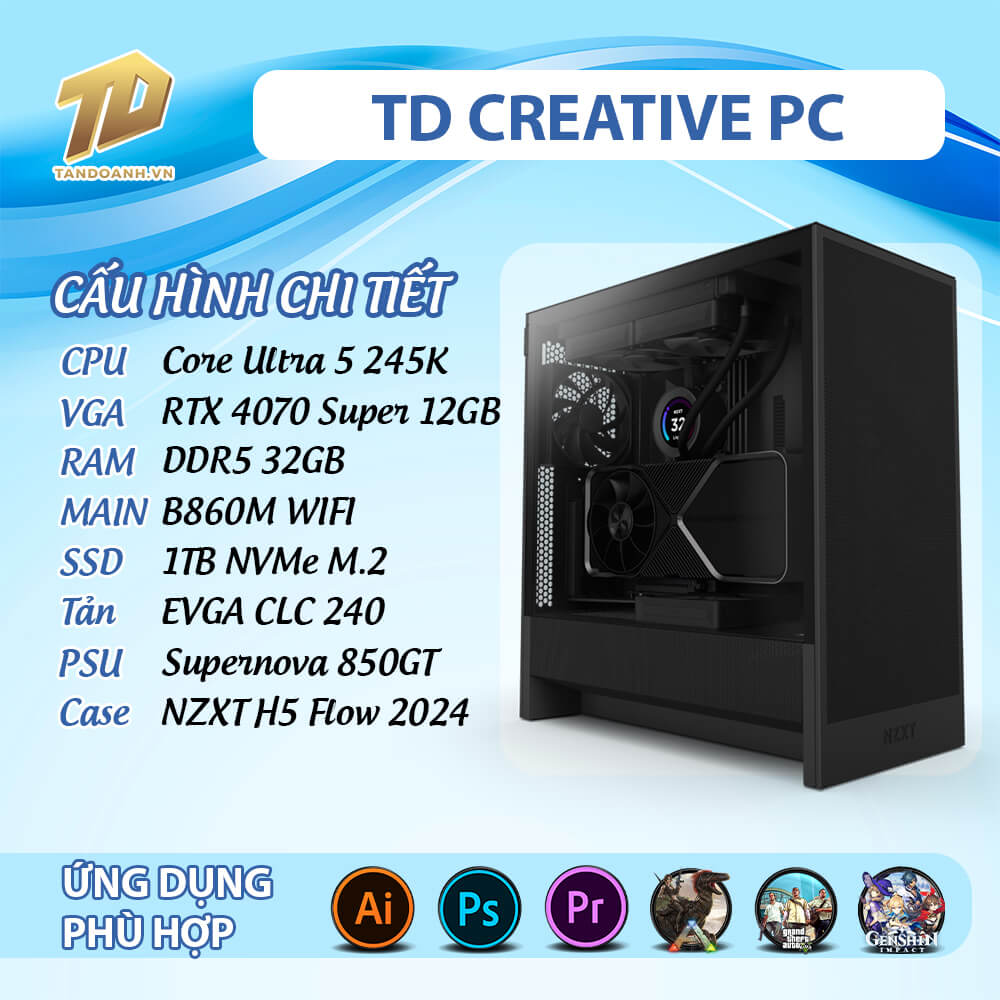TD CREATIVE PC 2025 Ultra 5 245K 1007 TD CREATIVE PC (Ultra 5 245K, B860M, RTX 4070 SUPER, 32GB DDR5, SSD 1TB)
