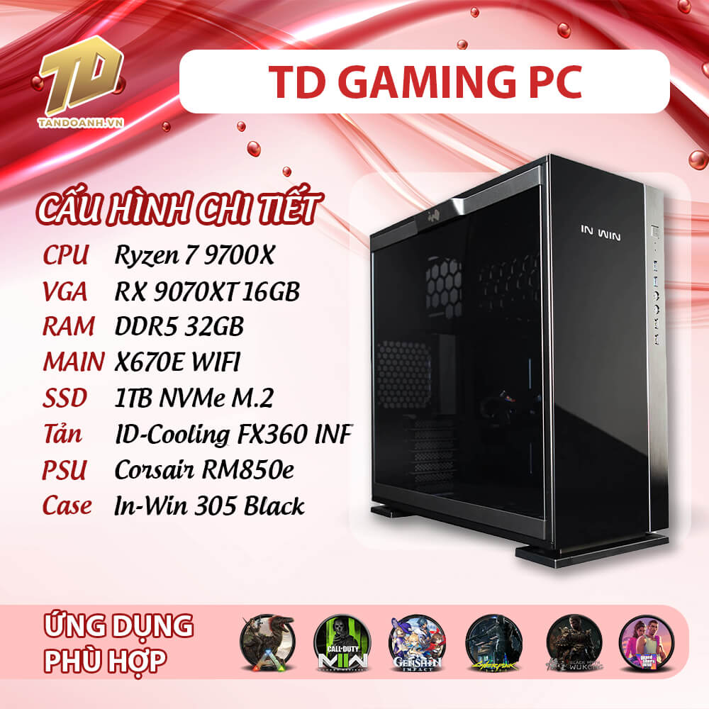 TD GAMING PC 2025 R7 9700X TD PC GAMING (R7-9700X, RX 9070XT, X670E, 32GB DDR5, SSD 1TB)